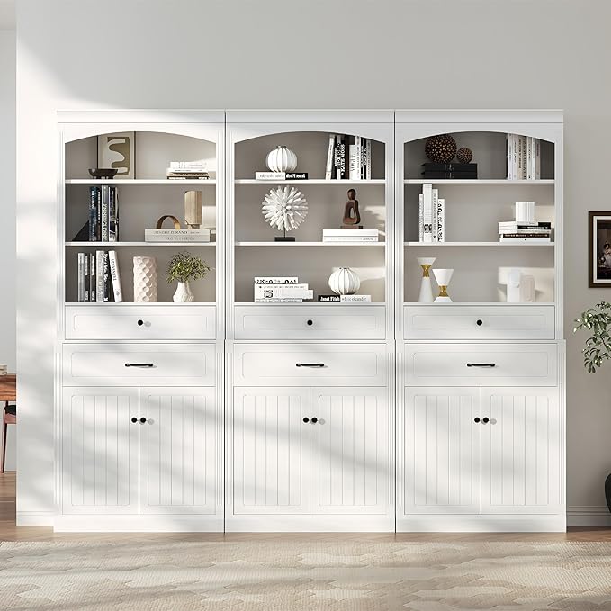 Tall Cabinet with 2 Drawers and Doors, Multi-Functional Storage Unit/Bookcase, Kitchen Cabinets, Pantry Cupboard for Living Room/Home Office/Bathroom, White