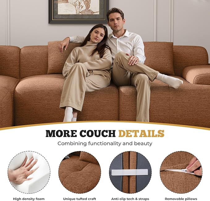 158" Modern U Shaped Modular Sectional Sofa, Boneless Couches for Living Room with Ottoman,6 Seater Convertible Chenille Cloud Couch Sofa Set, No Assembly Required, Orange 1 PCS