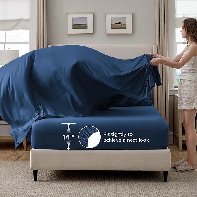 Bedsure California King Comforter Set Navy - Bed in a Bag Cal King Bedding Set 7 Pieces, GentleSoft™ Pintuck Bed Set Gift for Family, Pinch Pleat Navy Comforter with Sheets, Pillowcases & Shams