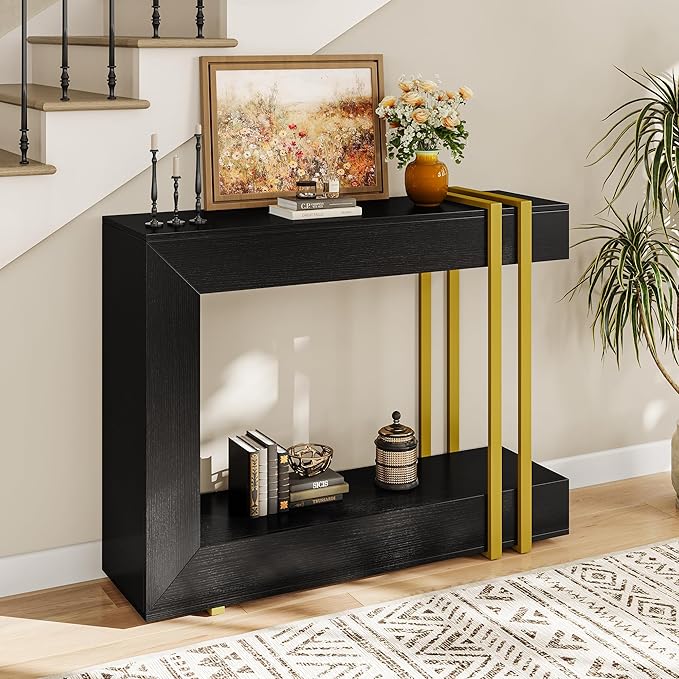 42.5" Console Table Behind Couch, 2-Tier Narrow Entryway Table with Storage, Wood Sofa Tables for Hallway/Entrance/Living Room/Foyer, Black