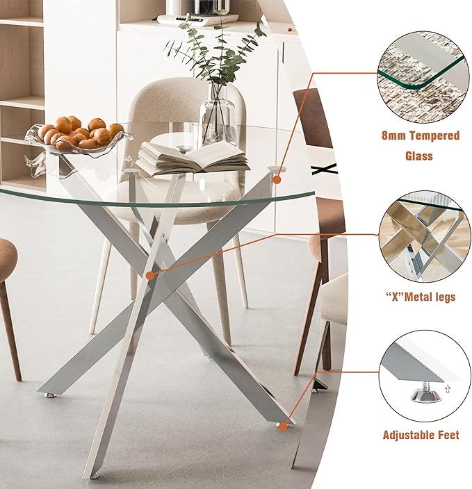Goujxcy 5 Piece Round Glass Dining Table Set for 4, 47" Round Dining Table & Chair Set Modern Circle Glass Kitchen Table and 4 Velvet Upholstered Chairs for Kitchen Dining (Silver Table & Black Chair)