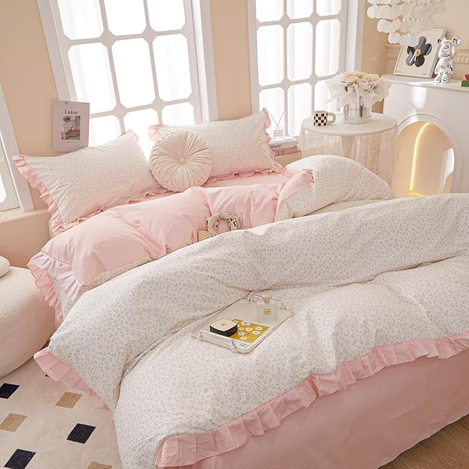 Romantic Pink Floral Duvet Cover Queen 100% Cotton Pink Ruffle Duvet Cover Girls Flower Comforter Cover Princess Lace Bedding Set Vintage Floral Coquette Bedding Comforter Cover with 2 Pillowcases