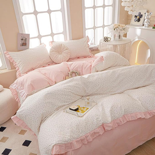 Romantic Pink Floral Duvet Cover Queen 100% Cotton Pink Ruffle Duvet Cover Girls Flower Comforter Cover Princess Lace Bedding Set Vintage Floral Coquette Bedding Comforter Cover with 2 Pillowcases