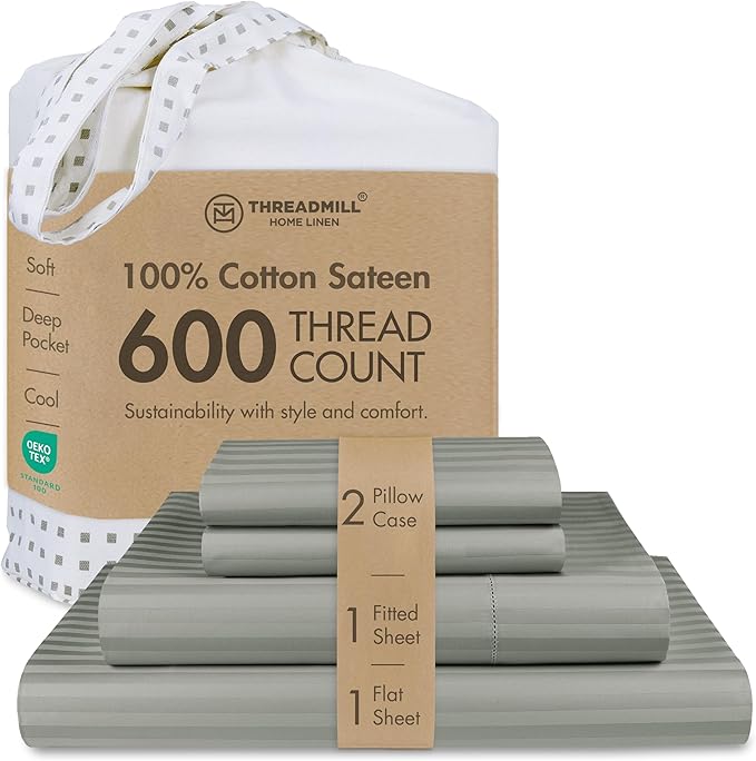 Threadmill 100% Cotton Sheets for Full Size Bed - 600 Thread Count Full Bed Sheets Set with 16” Deep Pocket - Damask Stripe Sateen Weave 4-Piece Bedding Set with Cooling Effect, Moonrock Grey