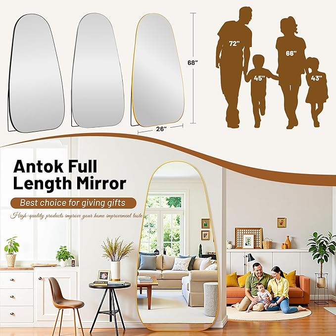 Antok Full Length Mirror, 68"x26" Floor Mirror with Stand,Standing Hanging Leaning Irregular Mirrors for Bedroom Living Room Entryway,Tear Drop Style,Golden
