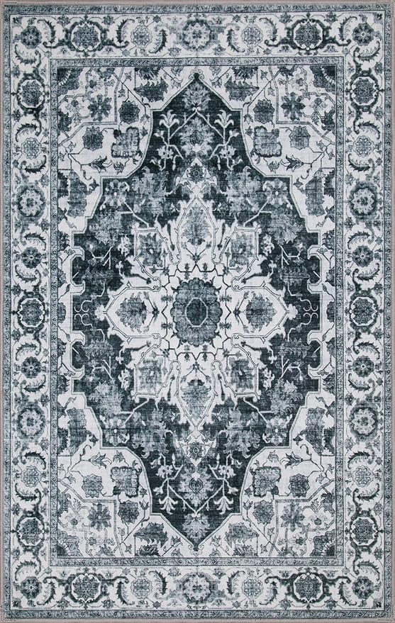WILLSUN Washable Area Rugs, 4x6 Non-Slip Boho Large Area Rugs for Living Room, Bedroom, Machine Washable Vintage Rug, Indoor Floral Print Carpet for Home Decor, Kid & Pet Friendly Mat