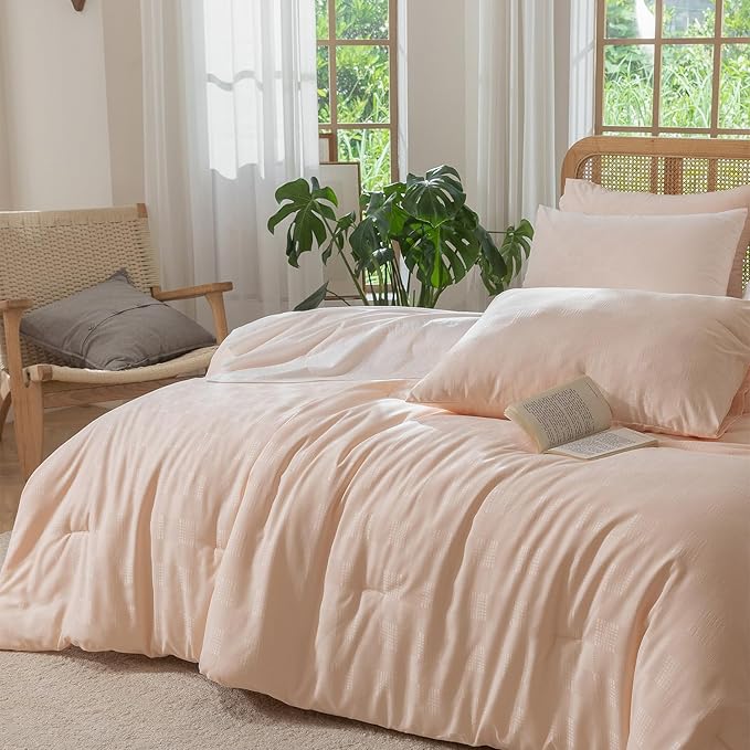 Queen Size Comforter Set Pink - Waffle Checkered Soft Shabby Chic Bedding, All-Season Lightweight Breathable with 2 Pillowcases Combo for Year-Round Comfort