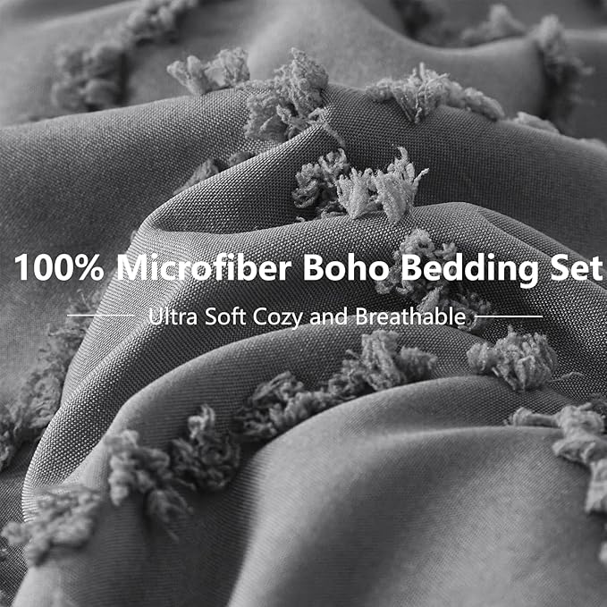 Dark Grey Tufted Comforter Set King Size 7 Piece Bed in a Bag,Shabby Chic Boho Comforter and Sheet Set,All Season Soft Microfiber Complete Bedding Set(Dark Grey,102"x90")