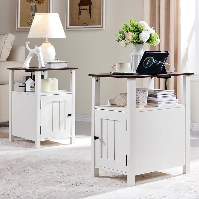 Farmhouse Nightstand Set of 2, End Table with Charging Station, Rustic Side Table w/Barn Door & Open Shelves, Bedside Table w/Storage Space and Storage Cabinet for Bedroom, Living Room (White)