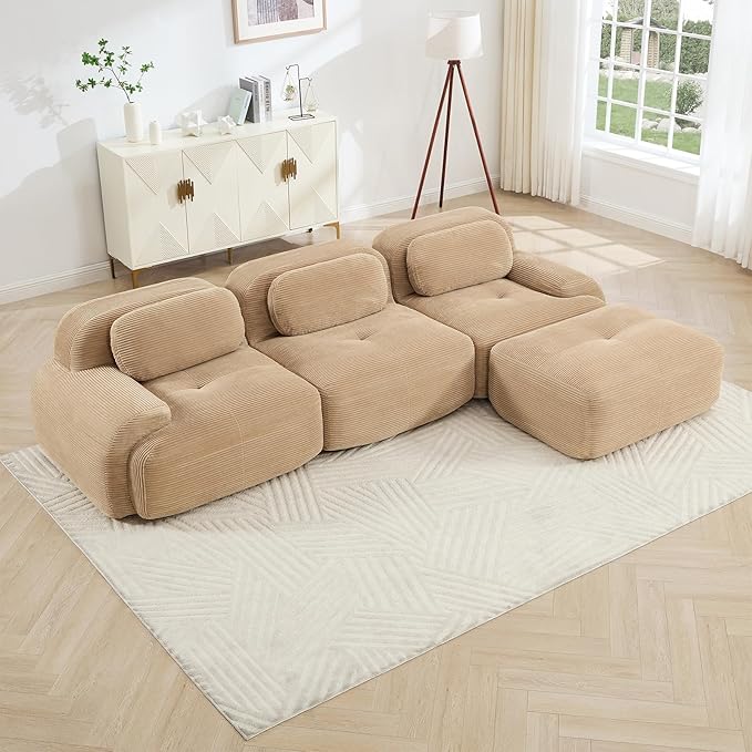 Camel Ottoman for Modular Sectional Sofa, Corduroy Deep Seat for Oversized Compressed Boneless Sectional Couches for Living Room Bedroom Apartment, Cloud Sofa Couch, Memory Foam, No Assembly