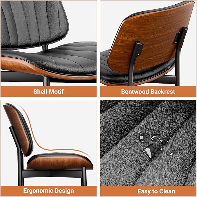 Dining Chairs Set of 4, Dining Room and Kitchen Chairs, FSC Certified Mid Century Modern Accent Chair, Upholstered PU Leather Chairs for Vanity with Walnut Bentwood and Metal Legs, Black