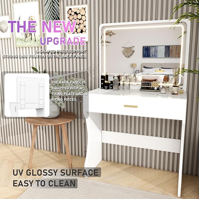 Vanity Desk, Makeup Vanity with LED Light Mirror, Small White Vanity with a Super Large Drawer and Power Outlet, 3 Color Lighting Modes Makeup Table for Bedroom, Dressing Room