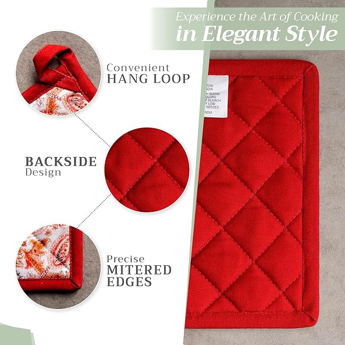 Maison d' Hermine 100% Cotton Oven Mitt & Pot Holder Set (7.5"x13" & 8"x8") Heat Resistant BBQ Cooking Gloves with Loop for Thanksgiving Christmas Decorations Handling Hot Pans (Orient)