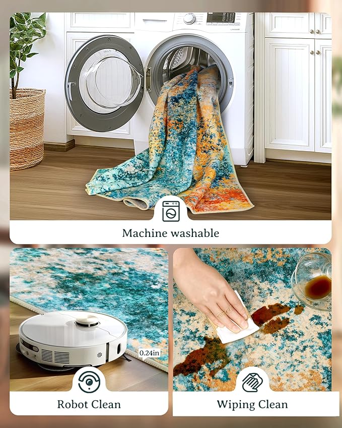 Washable Area Rug for Living Room: 5x7 Modern Abstract Neutral Soft Rug for Bedroom Dining Room No Slip Low Pile Carpet for Nursery Home Office - Teal/Orange