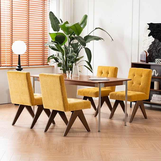 Rowill Modern Upholstered Dining Chairs Parsons Chair Linen Fabric Kitchen Chairs Tufted Armless Dining Room Chairs with Wood Legs Set of 4, Yellow