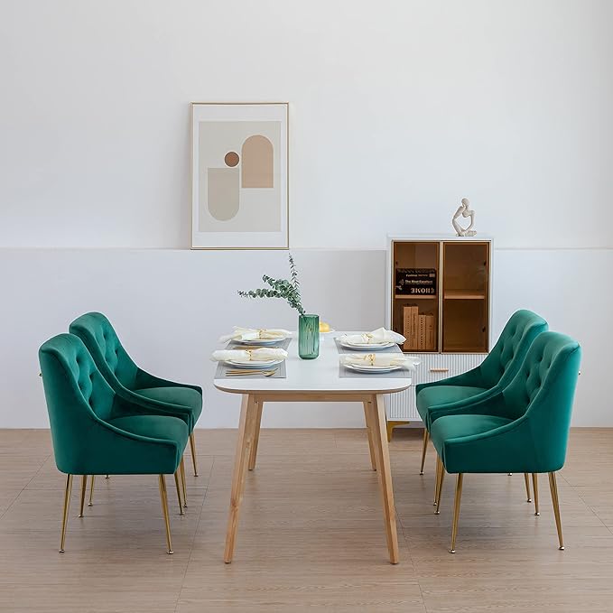 Modern Dining Chair Set of 2, Mid-Century Room Chair, Upholstered Comfortable Velvet with Back Pull Rod and Metal Legs for Kitchen, Dining, Living (Green), (DYXSD)