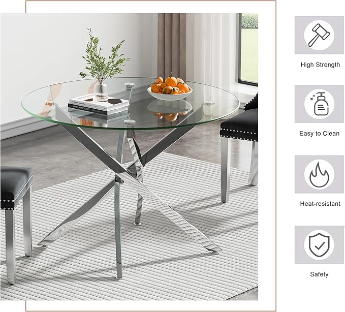 Goujxcy 3 Pieces Round Dining Table Set for 2, Modern Silver Glass Kitchen Table and Chairs for 2 with Upholstered Chairs, Circle Coffee Dining Table Set for Small Space,Apartment,Office