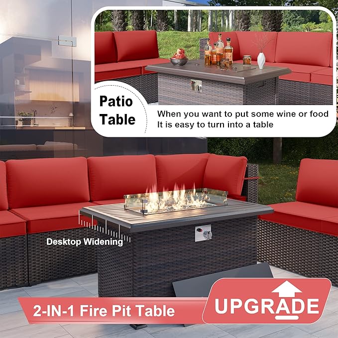 Kurapika 11 Pieces Patio Furniture Set, Rattan Wicker Outdoor Conversation Sets w/43in Propane Fire Pit Table and 4 Inch Cushion(Red)