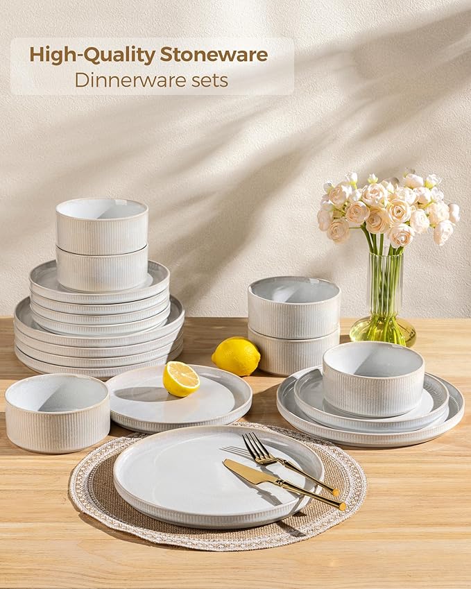 GBHOME Stoneware Dinnerware Sets for 6,Round Reactive Glaze Ceramic Plates and Bowls Set,Highly Scratch Resistant | Dishwasher & Microwave Safe Dishes Set,Service for 6(18Pcs),Sugar White
