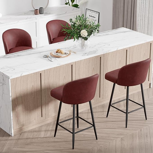 Counter Height Bar Stools Set of 4,360° Swivel Barstools with High Back and Metal Legs,26" Seat Height, Upholstered PU Leather Bar Chairs for Kitchen Island, Dining Room,Cafes,Red