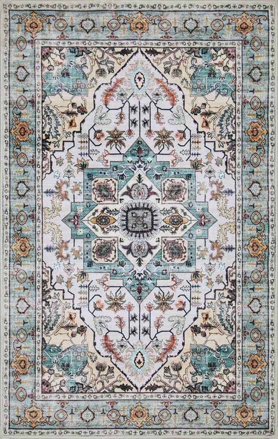 WILLSUN Washable Area Rugs, 9x12 Non-Slip Boho Large Area Rugs for Living Room, Bedroom, Machine Washable Vintage Rug, Indoor Floral Print Carpet for Home Decor, Kid & Pet Friendly Mat