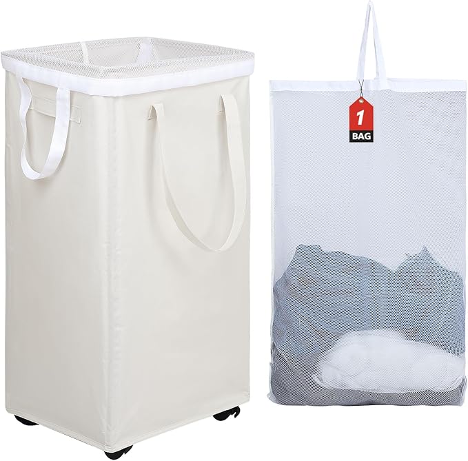 DOKEHOM 90L X-Large Laundry Basket with Removable Wash Bag on Wheels, Collapsible Rolling Laundry Hamper, Foldable Clothes Organizer, Folding Washing Bin (Beige)