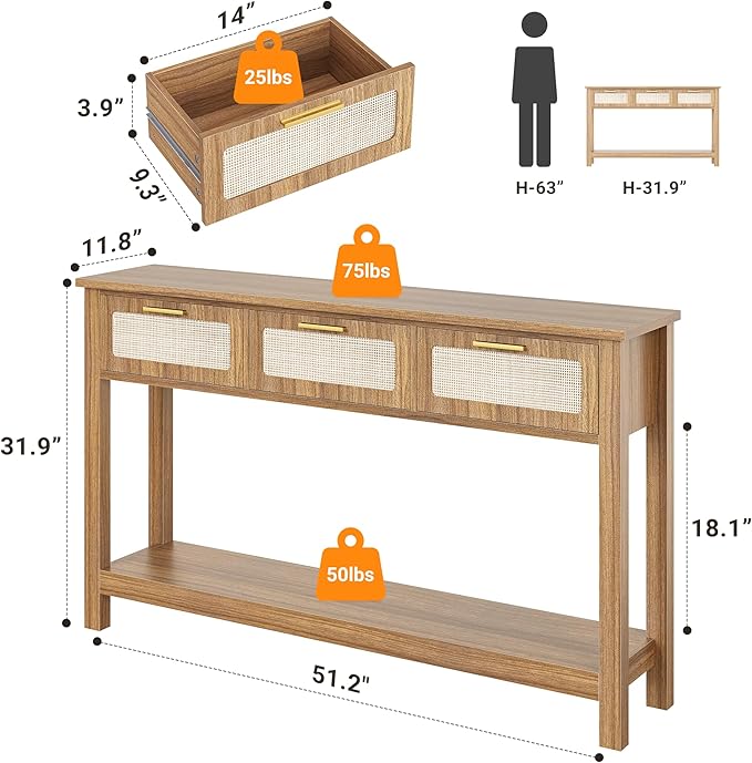 ELYKEN 51.2" Entryway Table with 3 Rattan Drawers, Boho Console Table Narrow with Storage, Long Sofa Table for Behind Couch Entry Hallway, Entrance, Living Room, Oak Brown