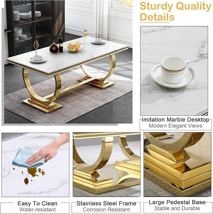 Goujxcy 5 Piece Marble Dining Table Set for 4, Luxury White Marble Gold Kitchen Table with 4 Grey Velvet Upholstered Chairs, Modern 4 Person Dining Room Table Set for Kicken Dining Office Room