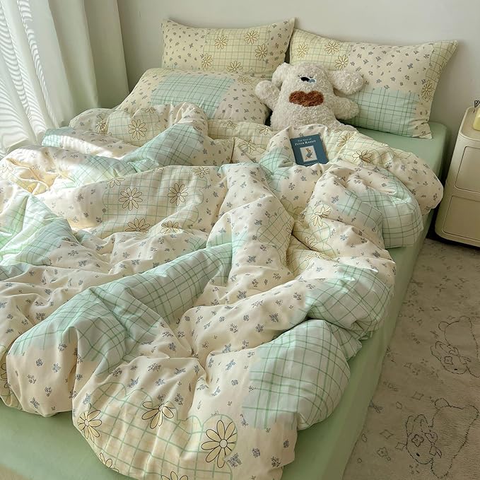 LifeTB Muslin Cotton Duvet Cover Set Full Size Vintage Style Floral Duvet Cover Soft Breathable Comforter Cover Farmhouse Flower Plaid Bedding Set Linen Feel Gauze Comforter Cover with Zipper Closure