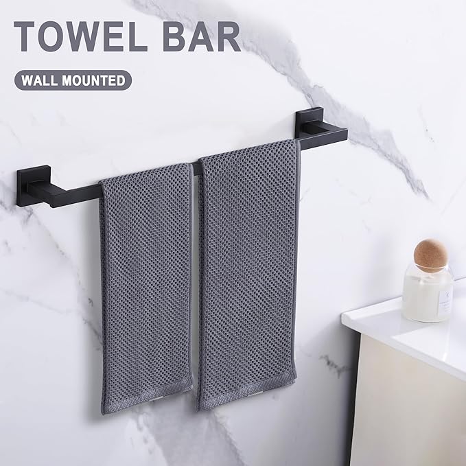 LANC 24-Inche Black Towel Bar for Bathroom Wall Mounted Matte Black Bath Towel Rack Stainless Steel Towel Rod for Cabinet Kitchen Towel Holder Towel Hanger Towel Rail, A9010MB-L6