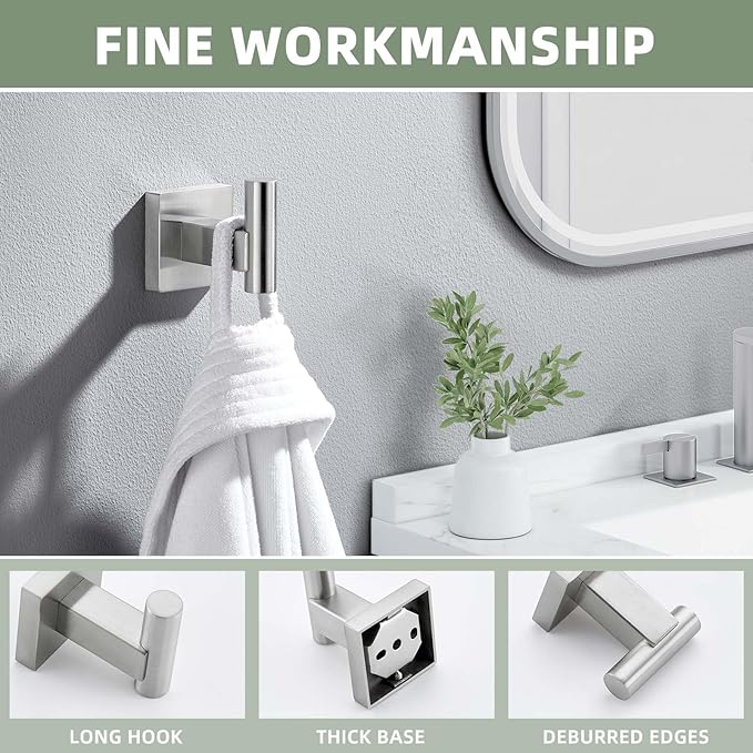 Suyar Bathroom Towel Hook Brushed Nickel, SUS304 Stainless Steel Robe Coat Holder for Shower Kitchen Closet Garage, Modern Heavy Duty Clothes Hook Wall Mounted