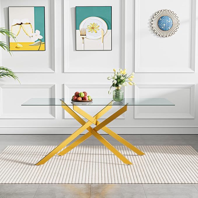 Goujxcy 7 Piece Glass Dining Table Set Modern Glass Dining Table Set for 6, 61" Rectangular Gold Kitchen Table and 6 Velvet Upholstered Chairs, Gold Table & Green Chair