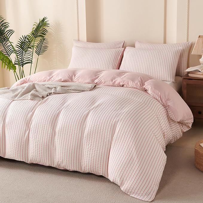 Pink Comforter King Size Set Striped 100% Soft Washed Microfiber Jacquard 3 Pieces Striped Bedding Sets Pink White Comforter for All Seasons and 2 Pillowcases Comfort Breathable