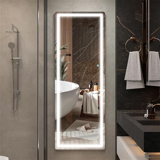 Hasipu Full Length Mirror with Lights, 61" x 22" LED Floor Mirror, Full Body Dressing Standing, Hanging Mounted Mirror for Living Room Bedroom Cloakroom, Round Black