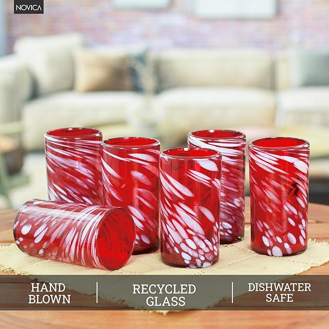 NOVICA Red Eco-Friendly Hand Blown Glass Tumblers, 16 Oz, 'Festive Red' (Set Of 6)