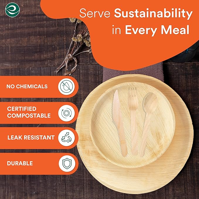 ECO SOUL 100% Compostable Palm Leaf Dinnerware Set For 75 Guests [10", 6" Round plates 75 Count each | Fork, Knife, Spoon,100 Count each] | Biodegradable Disposable Utensils for Wedding, Parties & BBQ