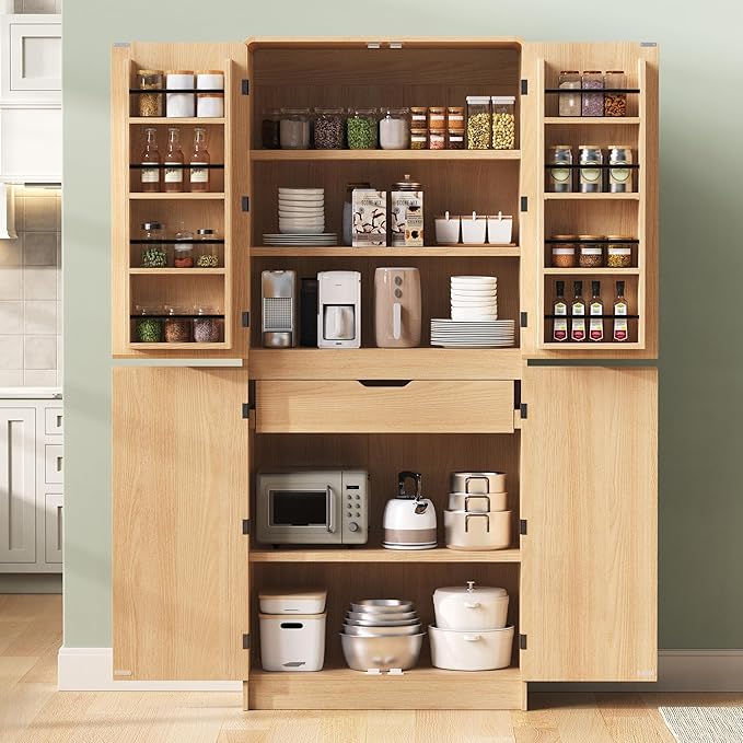 Merax 72" Tall Farmhouse Kitchen Pantry Cabinet with 8 Door Shelves, Curved Design Storage Cabinet with 3 Adjustable Shelves, Hidden Drawer, Versatile Cupboard for Kitchen, Dining & Bathroom, Natural