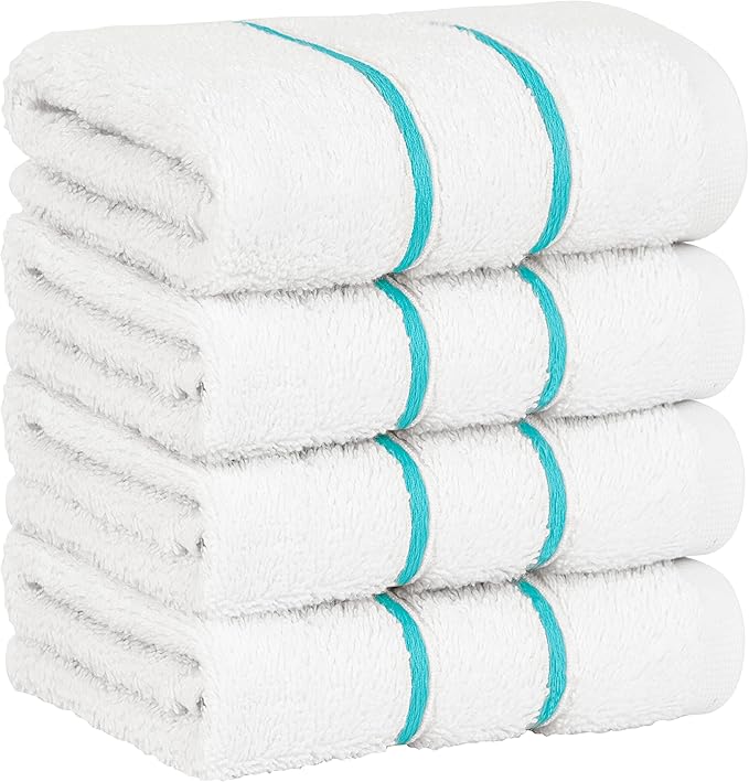 4 Packed White Washcloth Set, 100% Turkish Cotton Washcloths Washrags, Small Hand Face Towels for Bathroom and Kitchen, Turquoise Blue