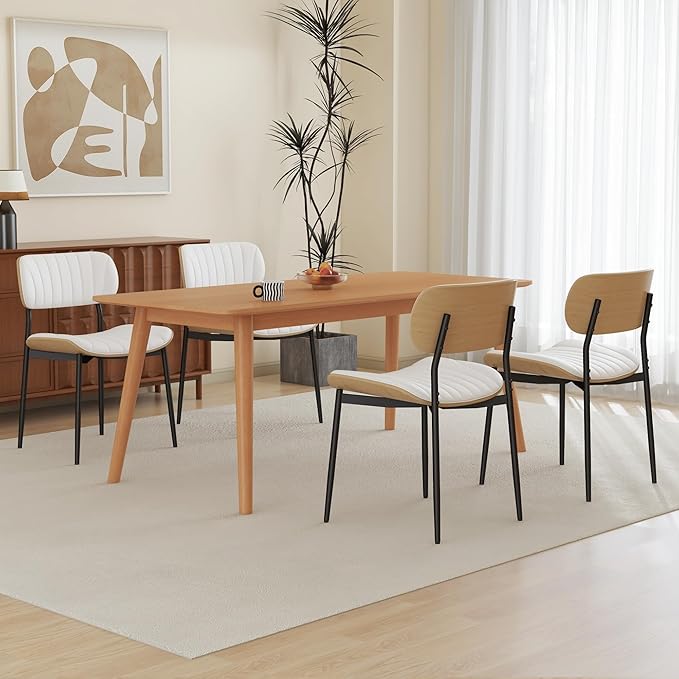 Modern PU Leather Dining Room Chairs Set of 2, Upholstered Kitchen Chairs with Curved Wood Backrest and Metal Legs Adjustable Feet for Kitchen Dining Room(White)
