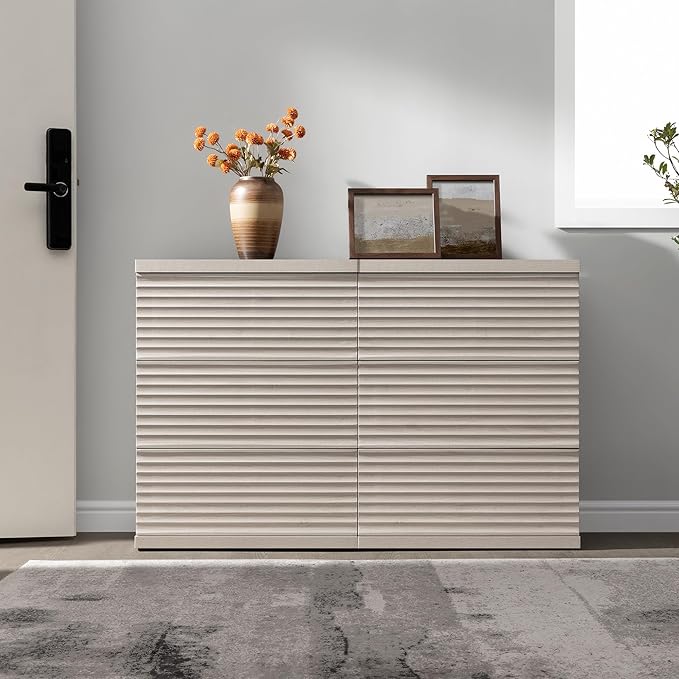 SICOTAS Sideboard Buffet Cabinet with Storage, Modern Fluted Accent Credenza with 3 Larger Drawers, Mid Century Media Console Table Coffee Bar Cabinet for Dining Room Hallway Kitchen, White Alder