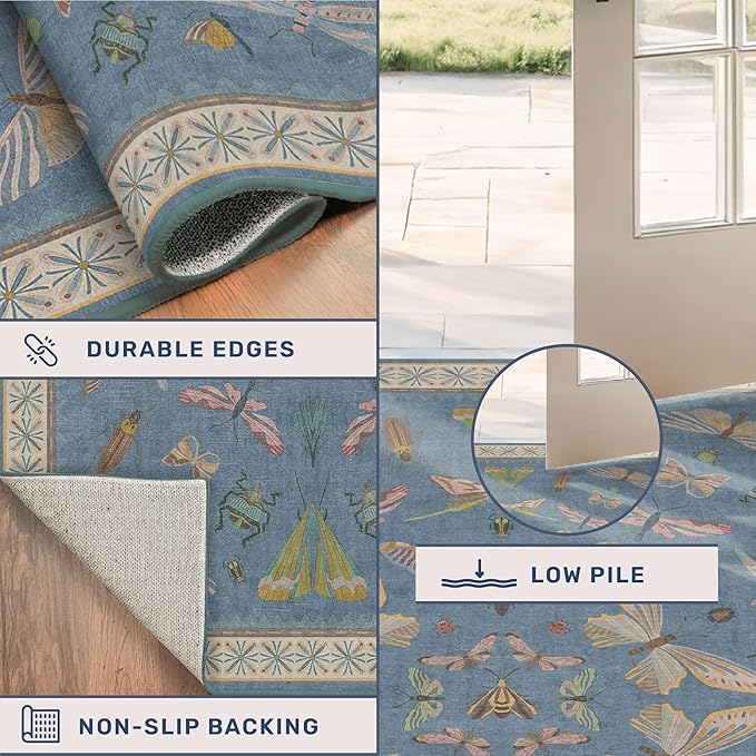 Boho Non Slip Kitchen Rug Runner - 2x5 Blue Washable Thin Rug for Bathroom, Laundry Room, Hallway, Non Slip with Rubber Backing, Insect Print Unique Runner