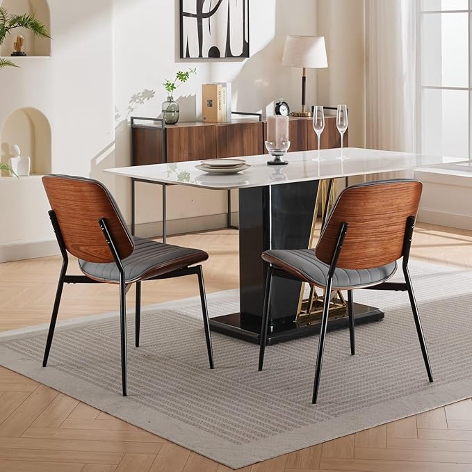 Dining Chairs Set of 8, Mid Century Modern Accent Dining Room and Kitchen Chairs, Upholstered PU Leather Vertical Stripe Chairs for Vanity with Walnut Bentwood and Metal Legs, Gray