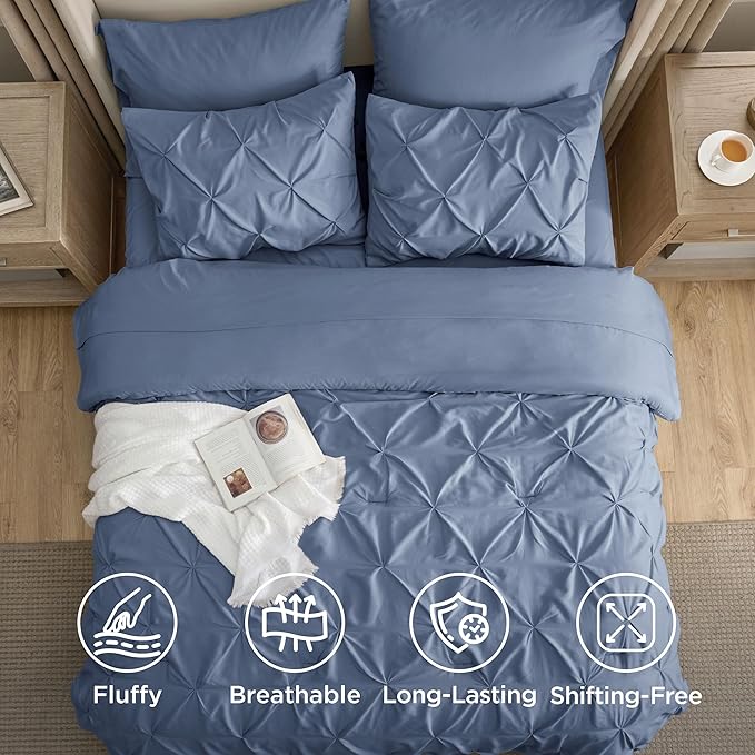 Bedsure California King Comforter Set - Bed in a Bag Cal King Bedding Set 7 PCS, GentleSoft™ Pintuck Bed Set Gift for Family, Pinch Pleat Slate Blue Comforter with Sheets, Pillowcases & Shams