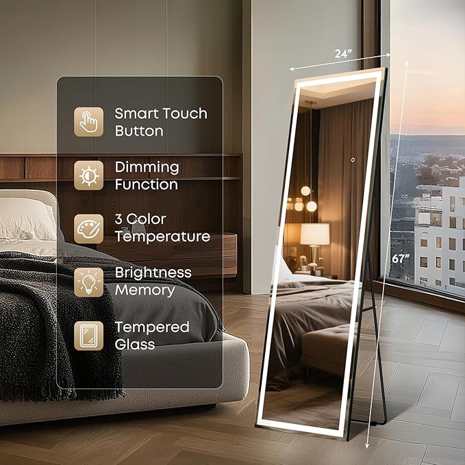 Kosmonia 67x24 Frameless Full Length Mirror, Dimmable 3 Color LED Light w/Memory Function, Distortion Free, HD Reflection & Anti Desilvering, Tempered Glass & Shatter Proof Film Doubling Safety