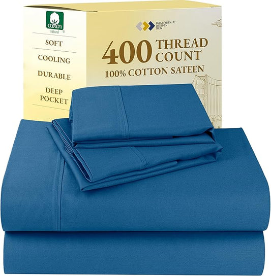 California Design Den Natural 100% Cotton Sheets Queen Size Bed Set - 400 Thread Count Sateen, Deep Pocket Queen Sheets with All Around Elastic, Soft, Cool and Durable Bedding - Cobalt Blue