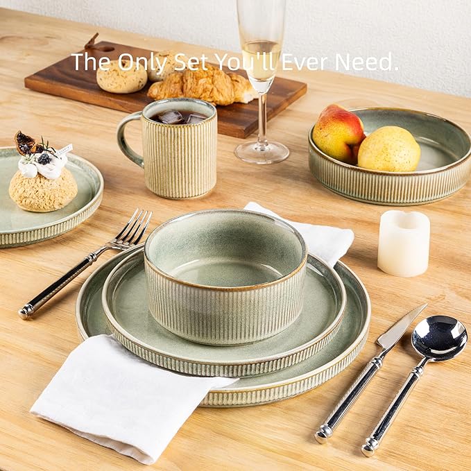 GBHOME Stoneware Dinnerware Sets for 4,Round Reactive Glaze Ceramic Plates and Bowls Set, Highly Scratch Resistant | Dishwasher & Microwave Safe Dishes Set,Service for 4(12Pcs),Desert Sage