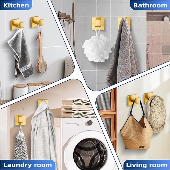 Brushed Gold Towel Hooks for Bathrooms, Heavy Duty Wall Mounted Stainless Steel Modern Hook, 4 Pack – Ideal for Hanging Towels, Robes, Coats, in Kitchen, Bedroom, Bathroom, or Hotel