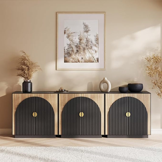 BELLEZE Set of 3 Fluted Sideboard Buffet Cabinet with Storage, Mid-Century Modern Console Table with Symmetrical Arched Doors, Elegant Credenza for Dining Room, Kitchen, and Living Room, Camel