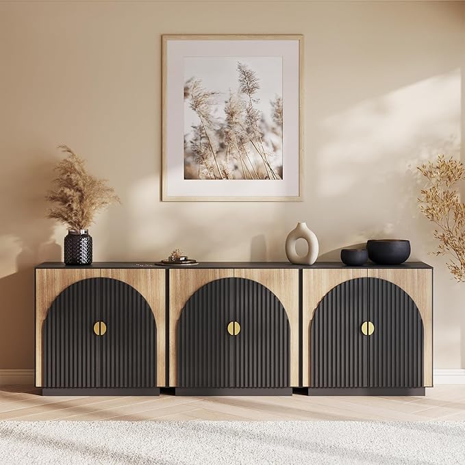 BELLEZE Set of 4 Modular Fluted Sideboard Buffet Cabinet with Storage, Mid-Century Modern Console Table with Symmetrical Arched Doors, Elegant Credenza for Dining Room, Kitchen, and Living Room, Camel