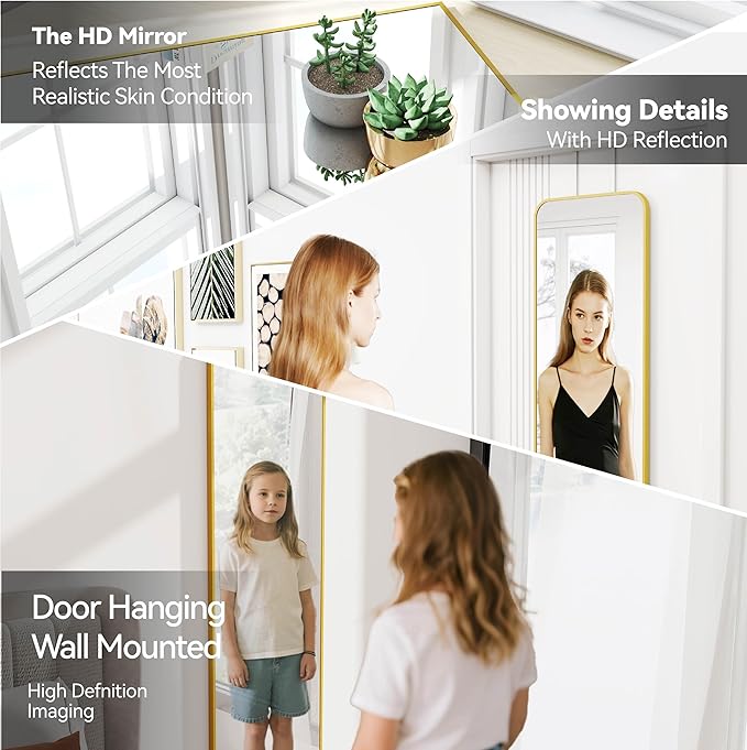47x14 Mirror Rectangle Full Body Length Door Hanging Wall Mounted Aluminum Alloy Metal Frame Dressing Make-up Mirrors for Entryway Bedroom Bathroom Living Room 47 14 inch Gold